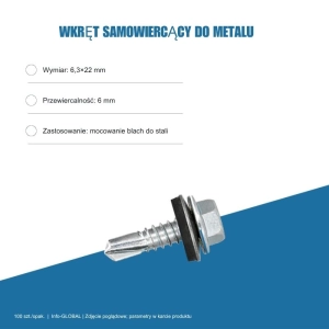 Wkręt samowiercący do metalu 6,3x22 mm, przewiercalność 6 mm, EPDM, 100 szt. – ocynk bez lakieru